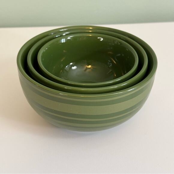 Temptations By Tara 3-Piece Set Nesting Bowls Dark Sleek Green Striped Ceramic - Picture 9 of 11